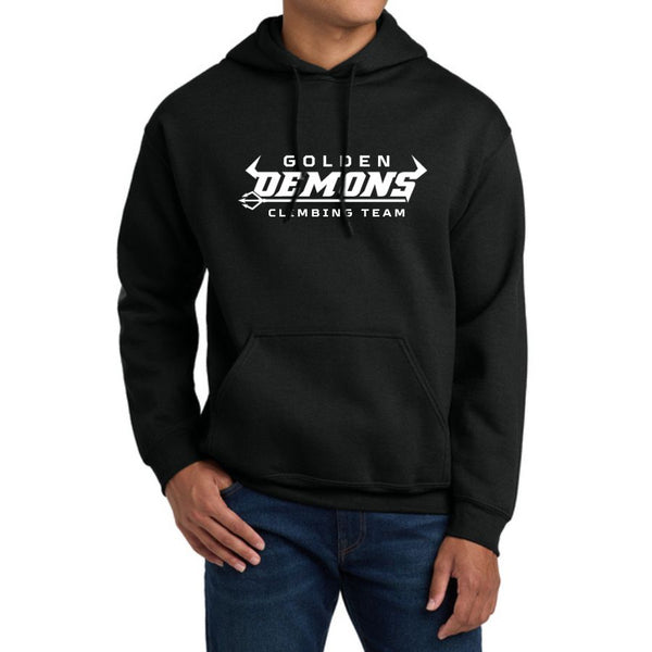 Model wearing black GHS Climbing hoodie, front view