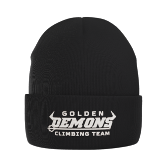 Black GHS Climbing knit beanie with embroidered Golden Demons Climbing Team logo on cuff