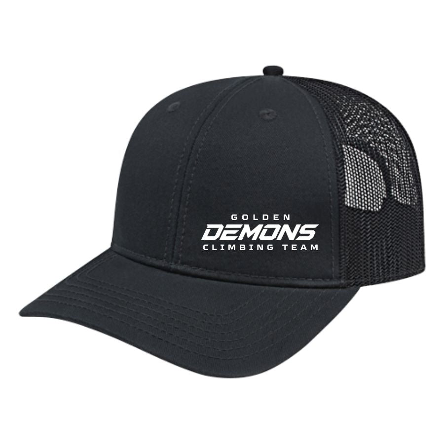 Black GHS Climbing trucker hat with Golden Demons Climbing Team logo