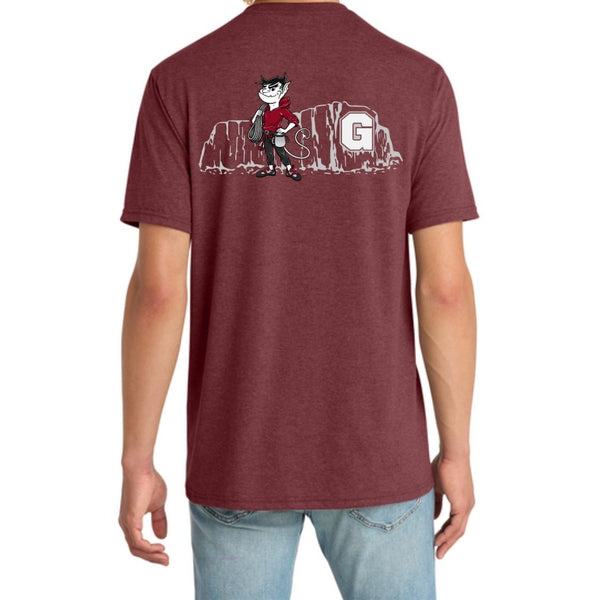 Back of maroon GHS Climbing Official Competition Shirt with climbing-themed team artwork