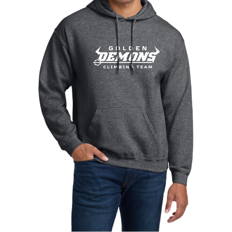 Model wearing a Graphite Heather GHS Climbing hoodie with white Golden Demons Climbing Team logo on the front