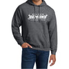 Model wearing a Graphite Heather GHS Climbing hoodie with white Golden Demons Climbing Team logo on the front