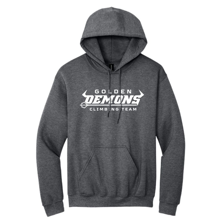 Front of Graphite Heather GHS Climbing hoodie with white Golden Demons Climbing Team logo and pouch pocket