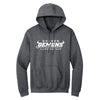 Front of Graphite Heather GHS Climbing hoodie with white Golden Demons Climbing Team logo and pouch pocket