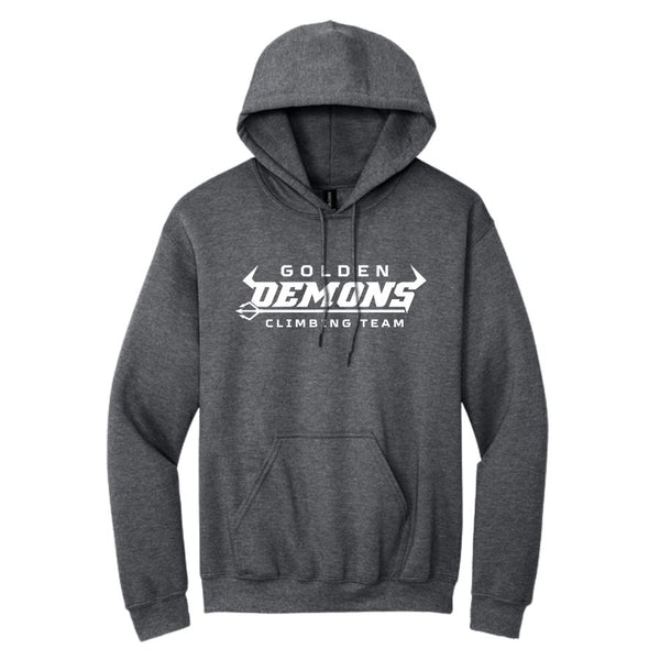 Front of Graphite Heather GHS Climbing hoodie with white Golden Demons Climbing Team logo and pouch pocket