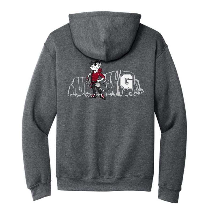 Back of Graphite Heather GHS Climbing hoodie with Demon mascot, climbing rope, and rock artwork
