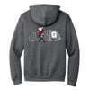 Back of Graphite Heather GHS Climbing hoodie with Demon mascot, climbing rope, and rock artwork