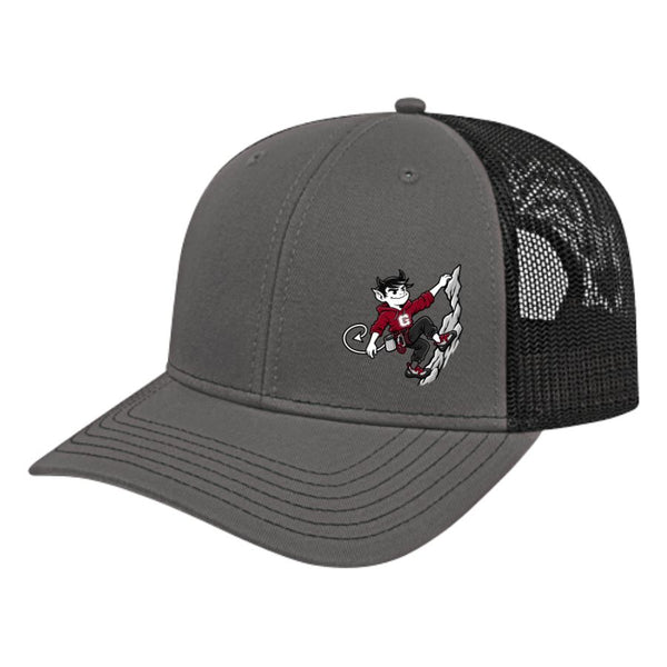 Grey and black GHS Climbing trucker hat with climbing Demon mascot
