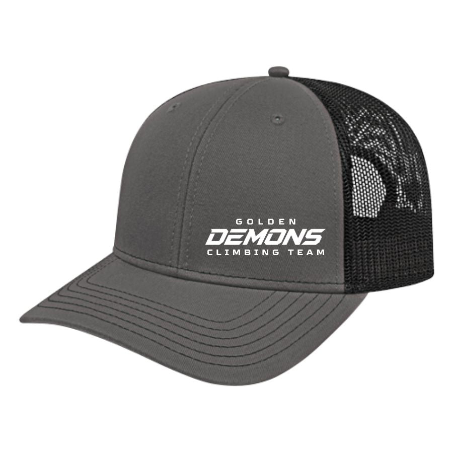 Grey and black GHS Climbing trucker hat with Golden Demons Climbing Team logo
