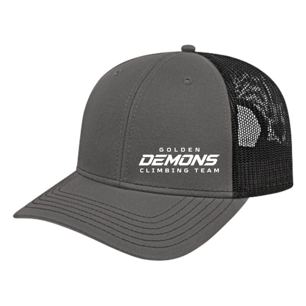 Grey and black GHS Climbing trucker hat with Golden Demons Climbing Team logo