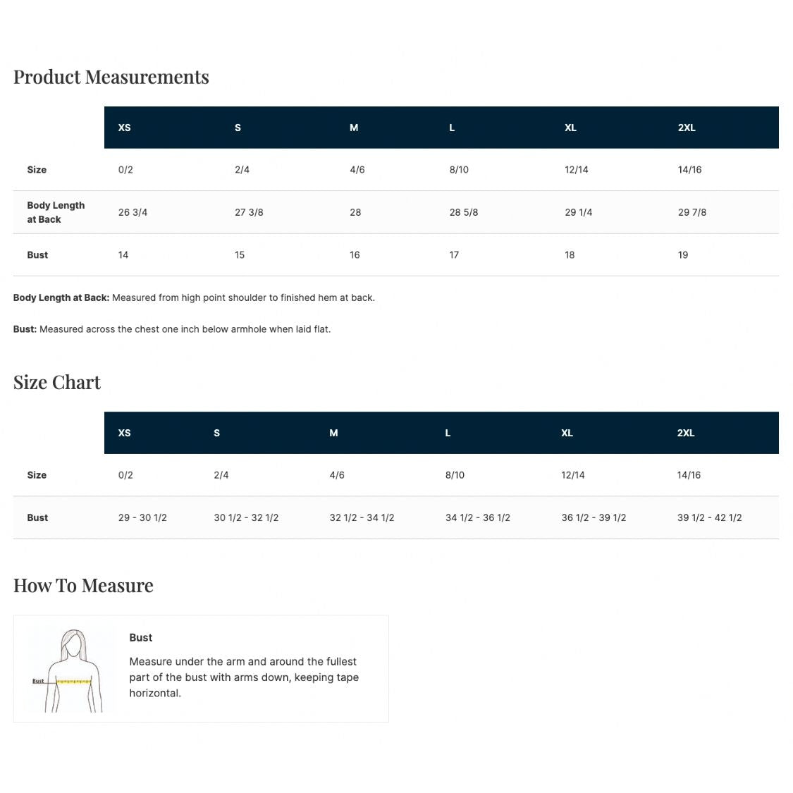 Women's racerback tank product measurements, size chart, and measuring guide