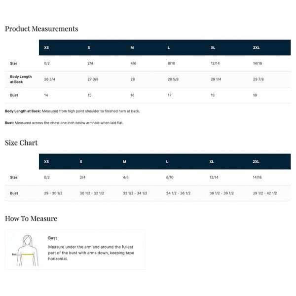 Women's racerback tank product measurements, size chart, and measuring guide