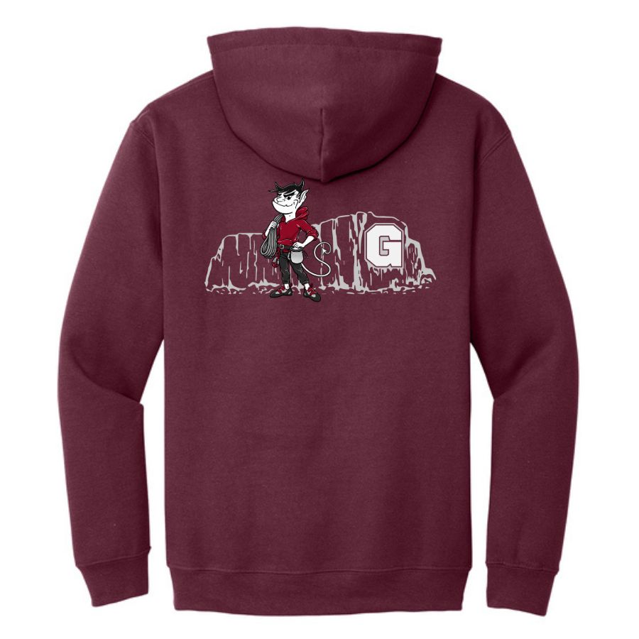 Maroon GHS Climbing hoodie back with climbing-themed team artwork