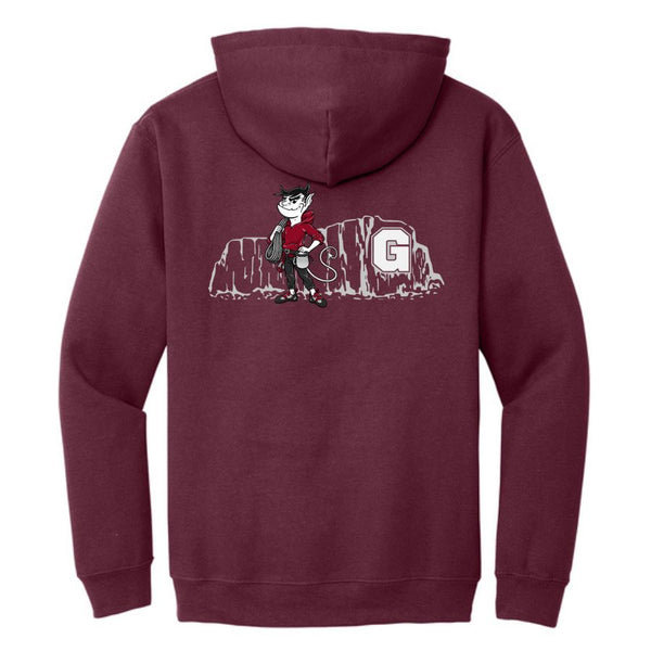 Maroon GHS Climbing hoodie back with climbing-themed team artwork
