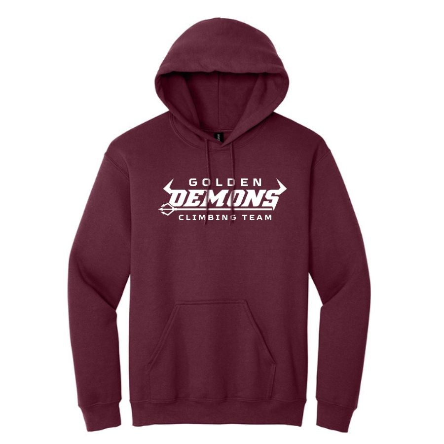 Maroon GHS Climbing hoodie front with Golden Demons Climbing Team graphic