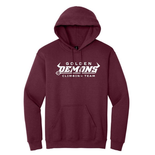 Maroon GHS Climbing hoodie front with Golden Demons Climbing Team graphic