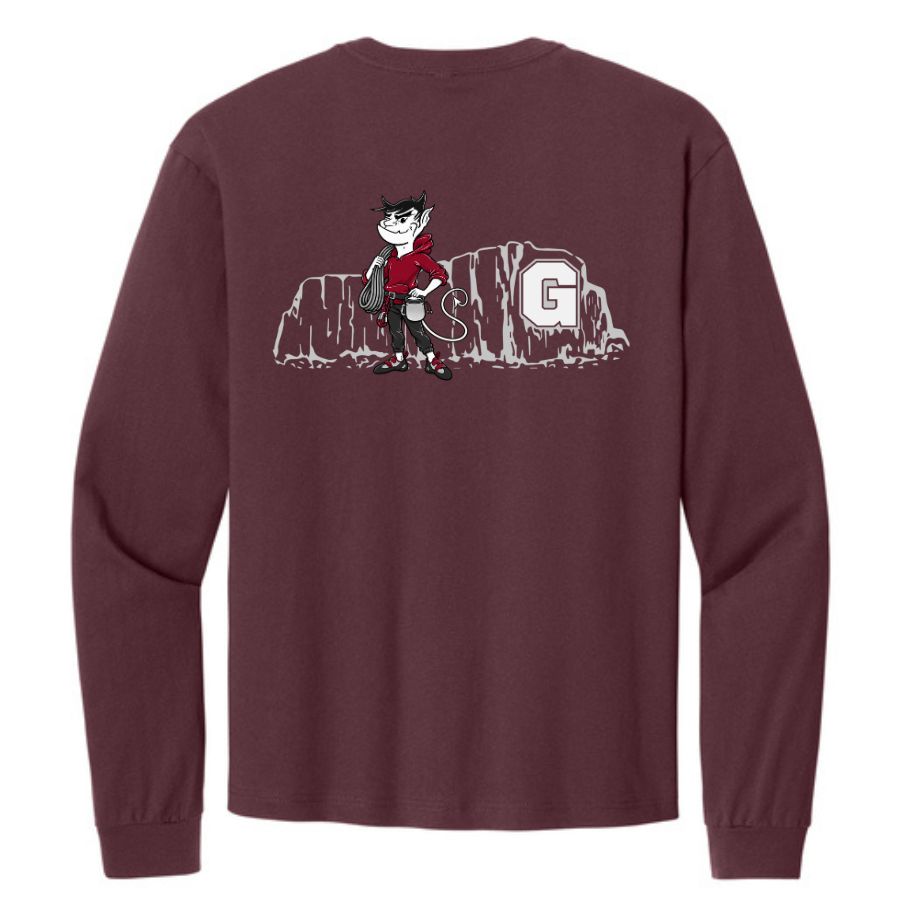Maroon GHS Climbing long sleeve tee back with climbing-themed team artwork