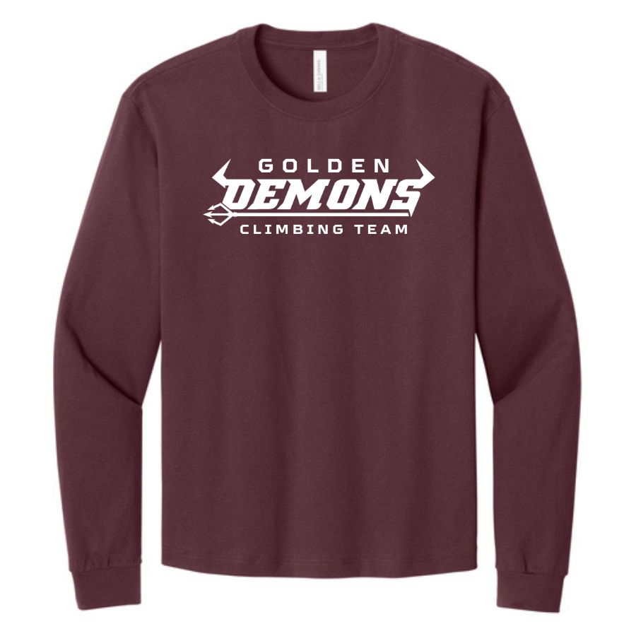 Maroon GHS Climbing long sleeve tee front with Golden Demons Climbing Team artwork
