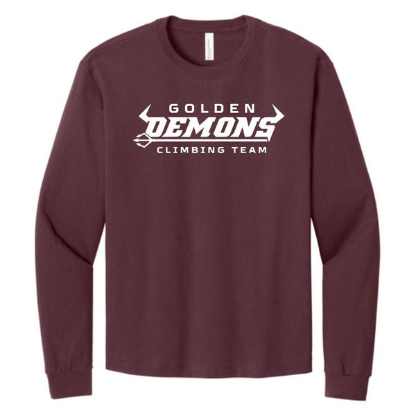 Maroon GHS Climbing long sleeve tee front with Golden Demons Climbing Team artwork