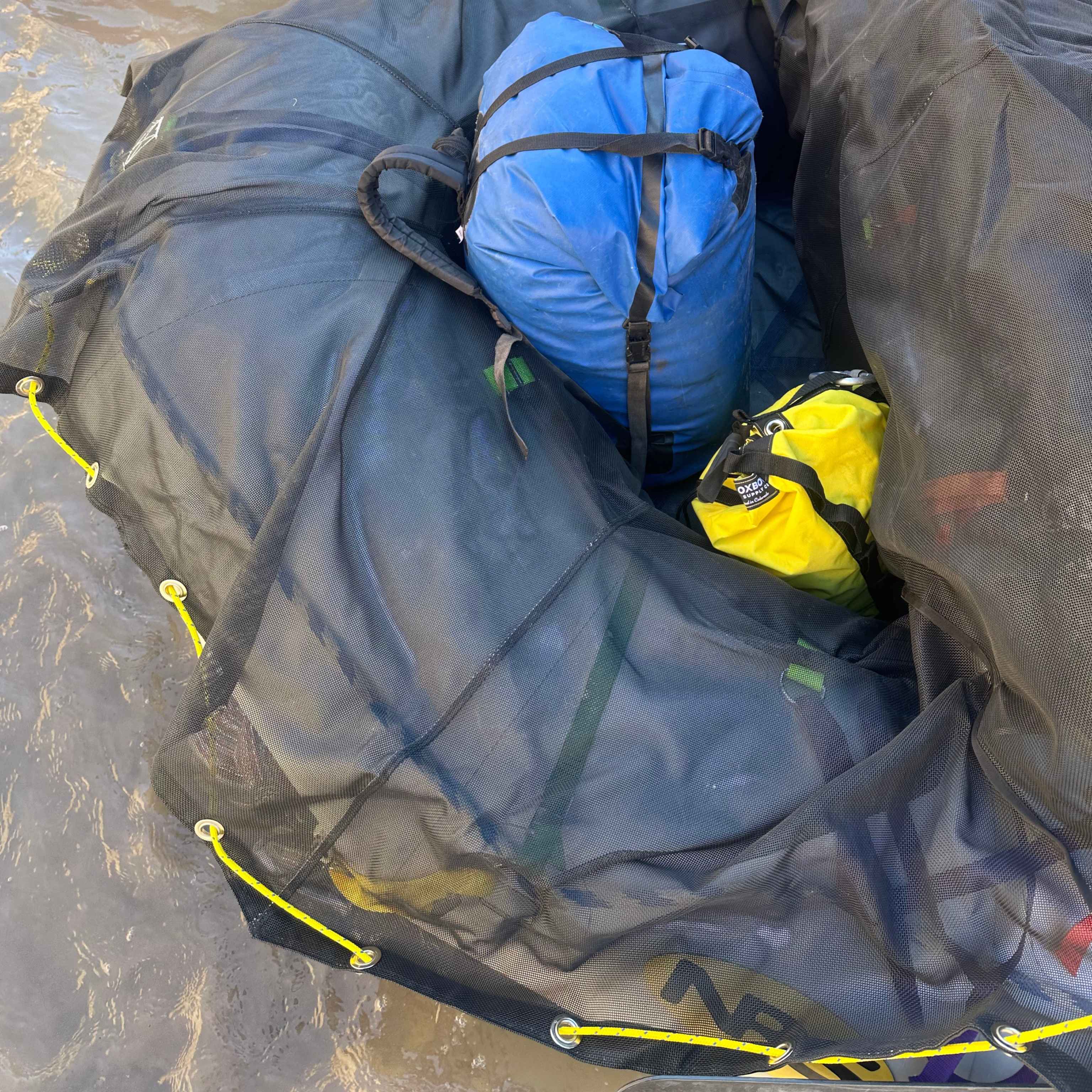 raft gear storage system with Super Sac and expedition gear