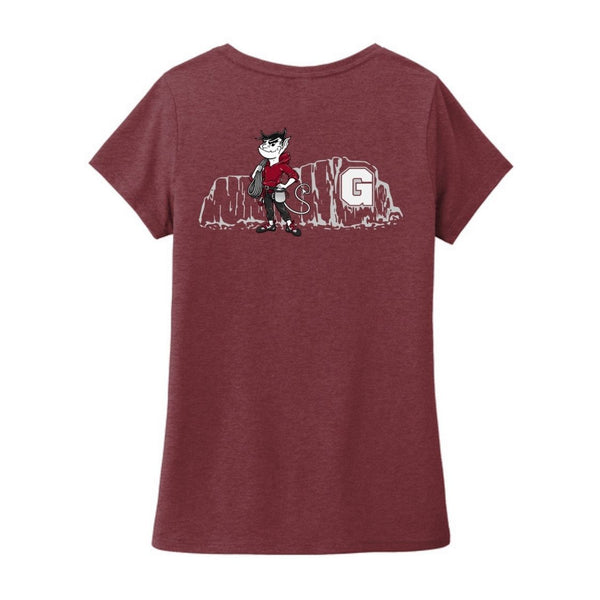 Back of Maroon Frost GHS Climbing women's official competition V-neck shirt with climbing-themed team artwork