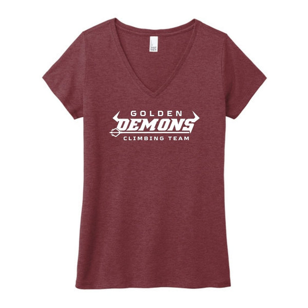 Front of Maroon Frost GHS Climbing women's official competition V-neck shirt with Golden Demons Climbing Team graphic