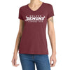 Model wearing Maroon Frost GHS Climbing women's official competition V-neck shirt, front view