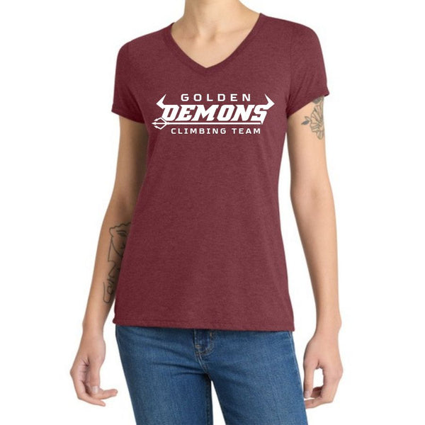 Model wearing Maroon Frost GHS Climbing women's official competition V-neck shirt, front view