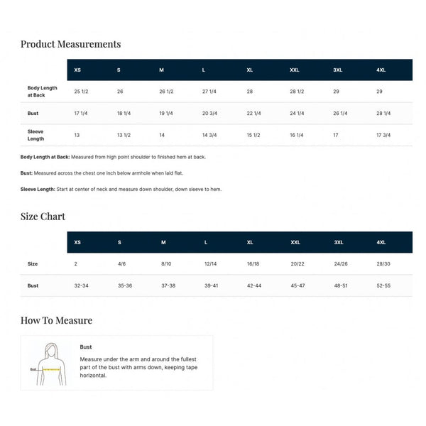 Women's V-neck tee product measurements, size chart, and bust measuring guide