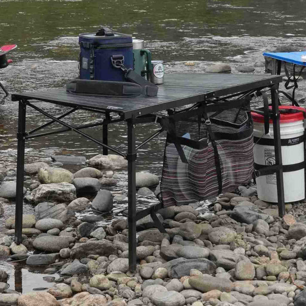 Table Caddy camp organizer with utensil pocket and G-hook closure