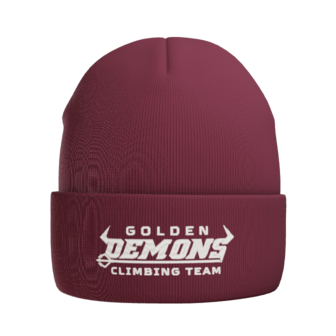Maroon GHS Climbing knit beanie with embroidered Golden Demons Climbing Team logo on cuff