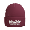 Maroon GHS Climbing knit beanie with embroidered Golden Demons Climbing Team logo on cuff