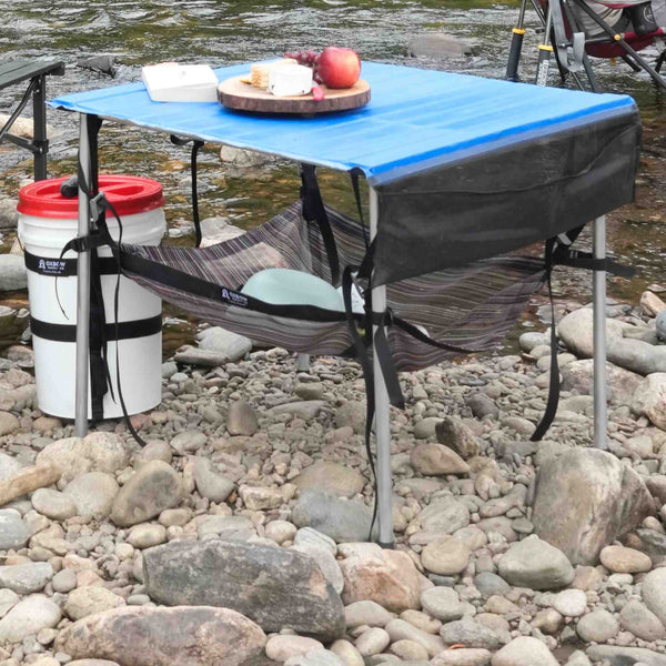 Table Sling suspended storage system for rafting camp